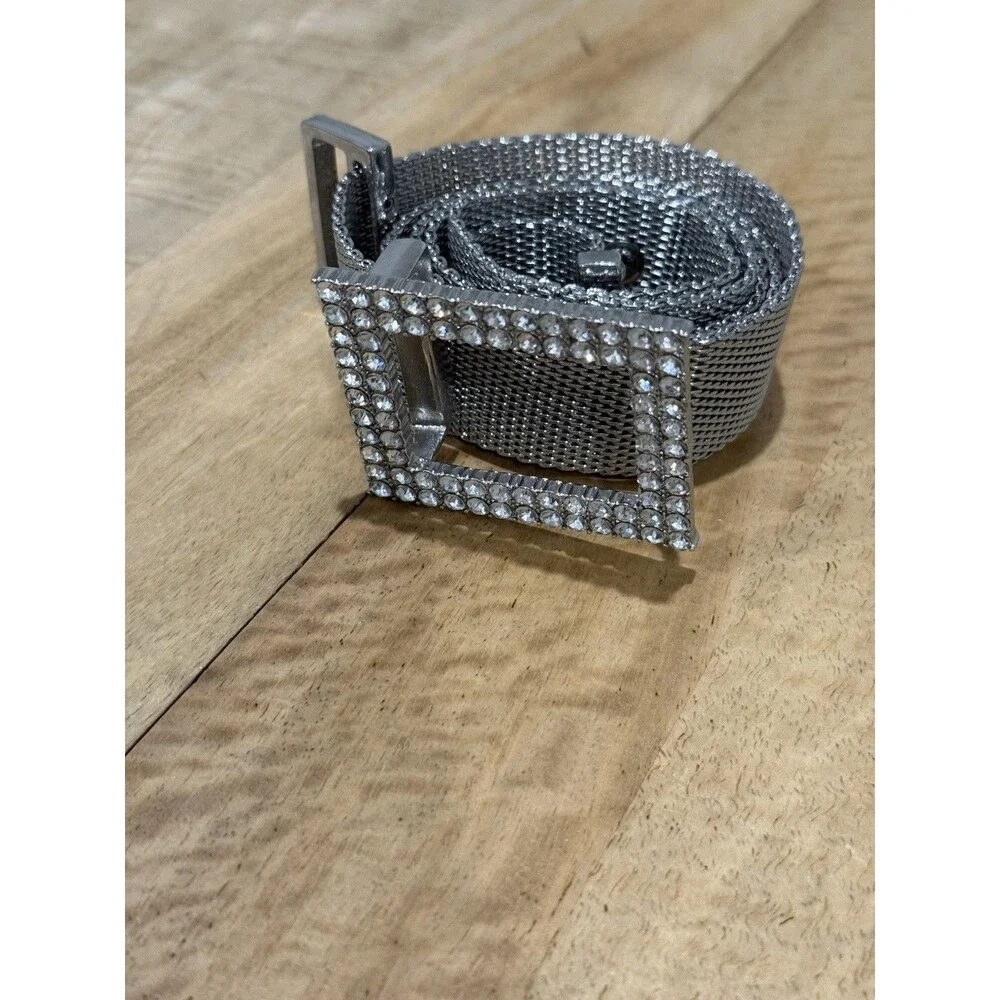 Vintage Mesh Belt Silver Tone Rhinestone Buckle Size Small- Medium Belt